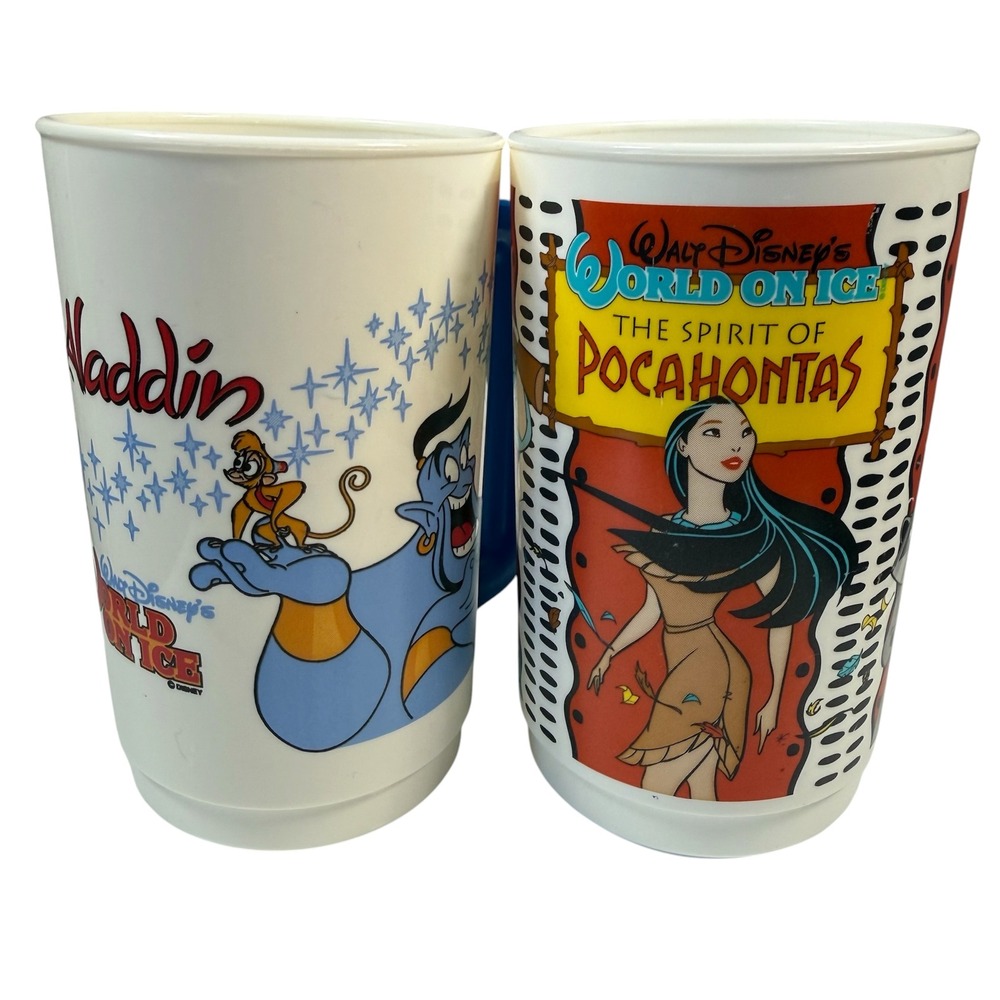 Disney World On Ice Plastic Souvenir Mugs 22oz White Aladdin Pocahontas Vintage